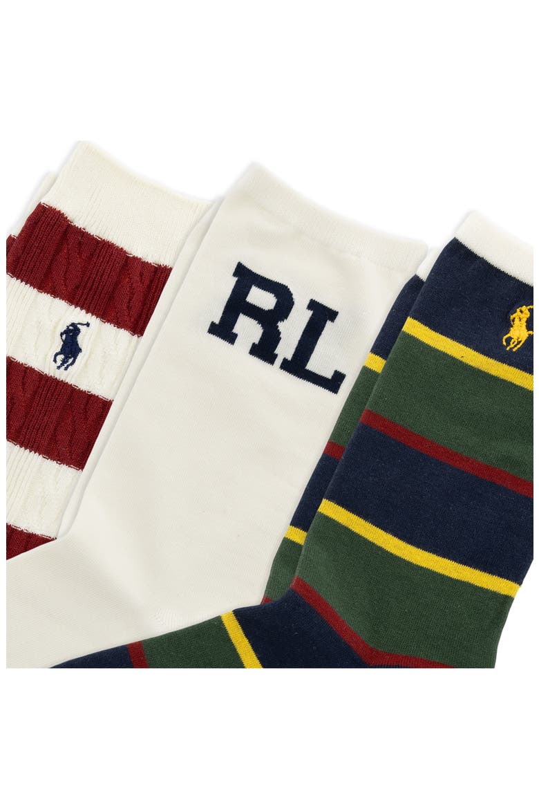 Assorted 3-Pack Preppy Crew Socks, Alternate, color, WHITE/ GREEN ASSORTED