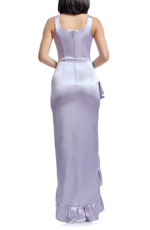 Shop Dress The Population Charlene Ruffle Satin Gown In Dusty Lavender