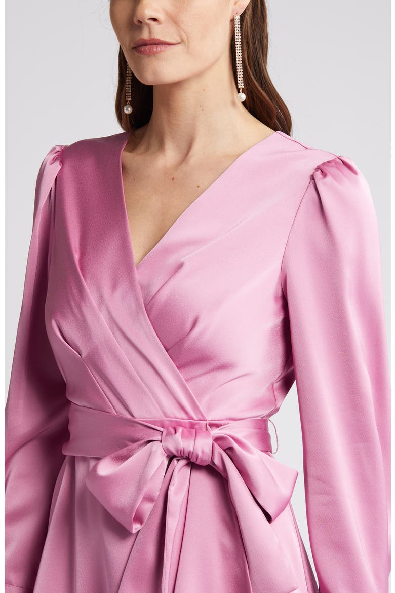 Wrap Front Long Sleeve Satin Charmeuse Dress, Alternate, color, PINK MACAROON
