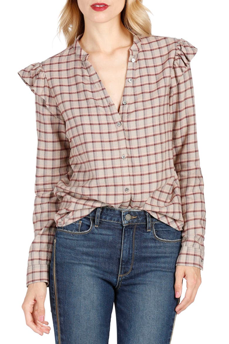 Jenelle Ruffle Plaid Shirt, Main, color, CHAMPAGNE MULTI