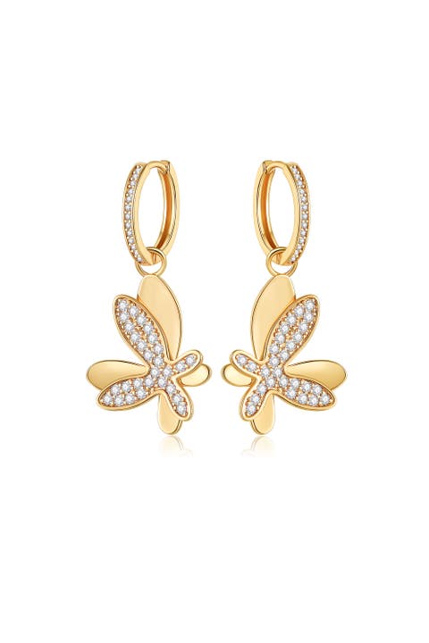 Pavé Butterfly Dangle Drop Hoop Earrings