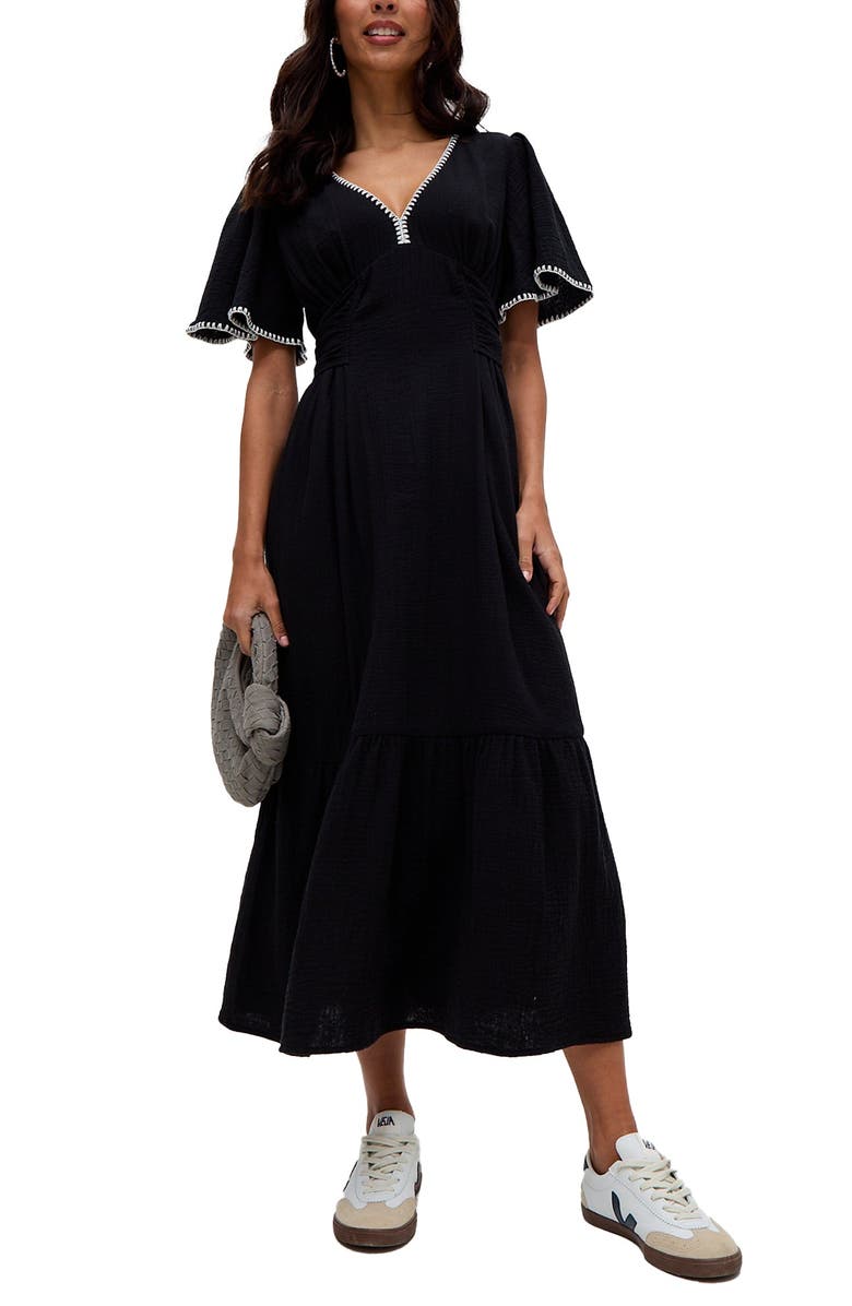 Raffya Delilah V-Neck Front Tie Midi Dress, Main, color, Black