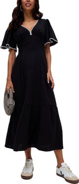 Raffya Delilah V-Neck Front Tie Midi Dress