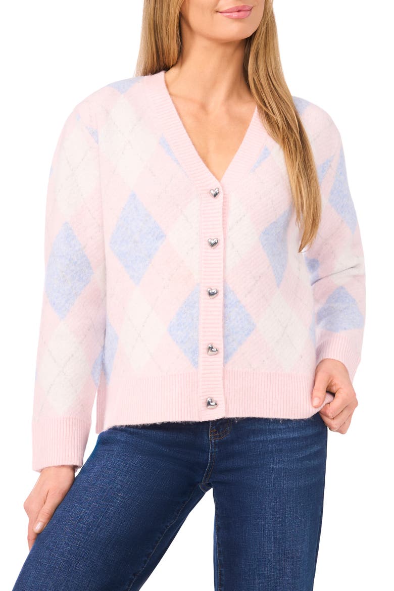 Heart Button Argyle Cardigan, Main, color, PINK FROST