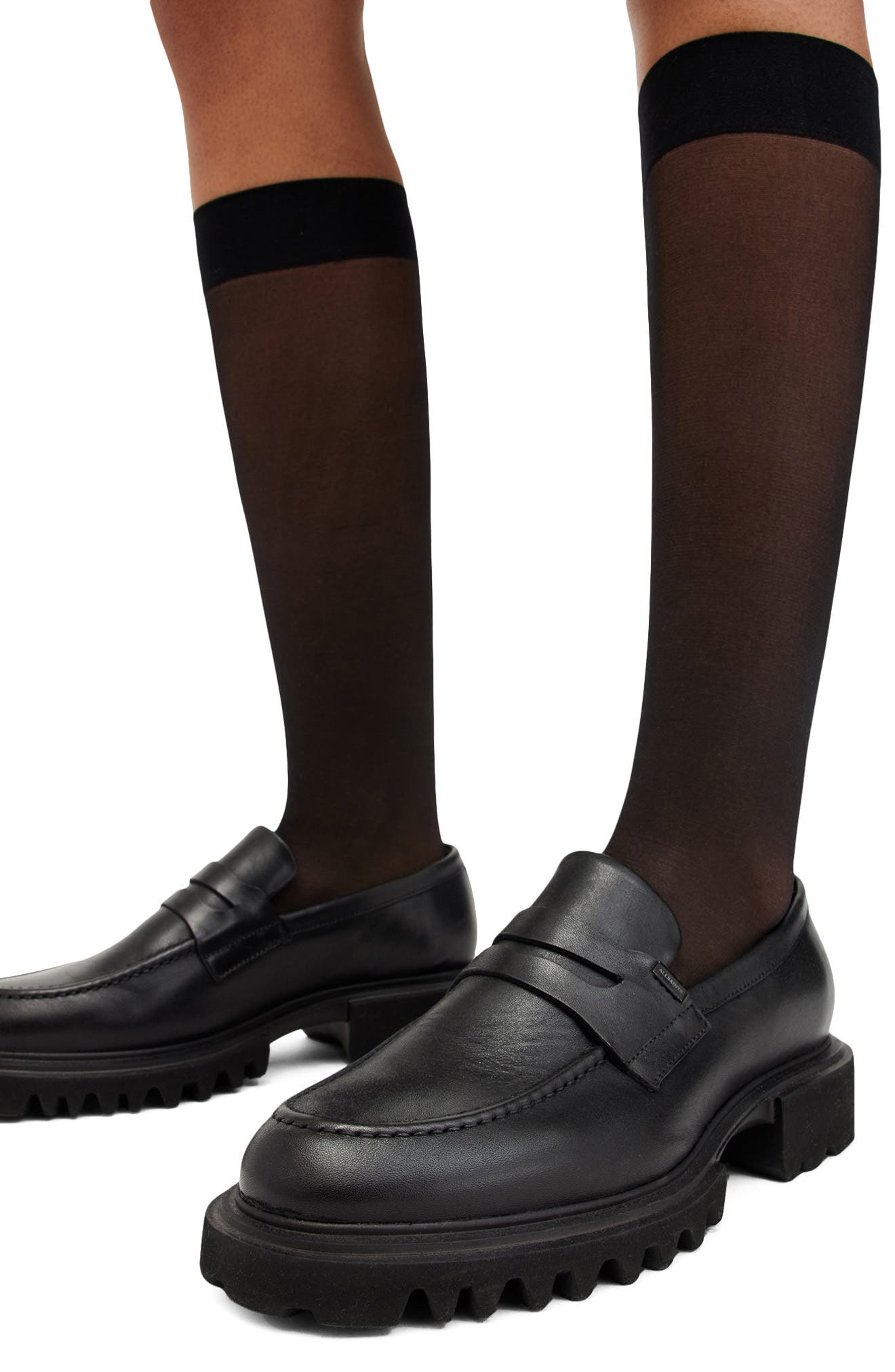 AllSaints Lola Lug Sole Penny Loafer, Alternate, color, Black