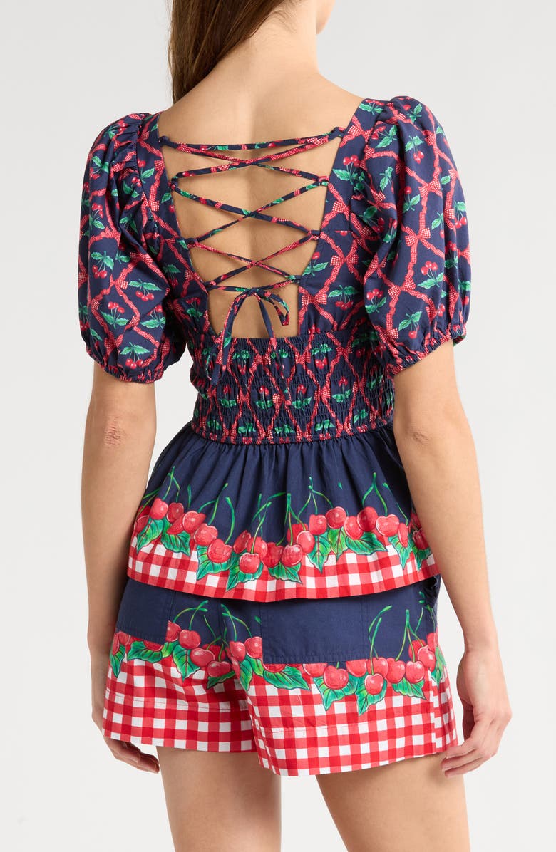 Damson Madder Allegra Cherry Pie Smocked Organic Cotton Peplum Top, Alternate, color, Navy/ Red