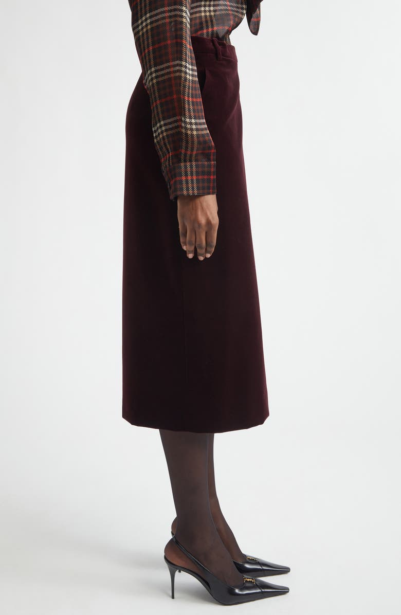 Saint Laurent Velveteen Faux Wrap Midi Skirt, Alternate, color, Vino