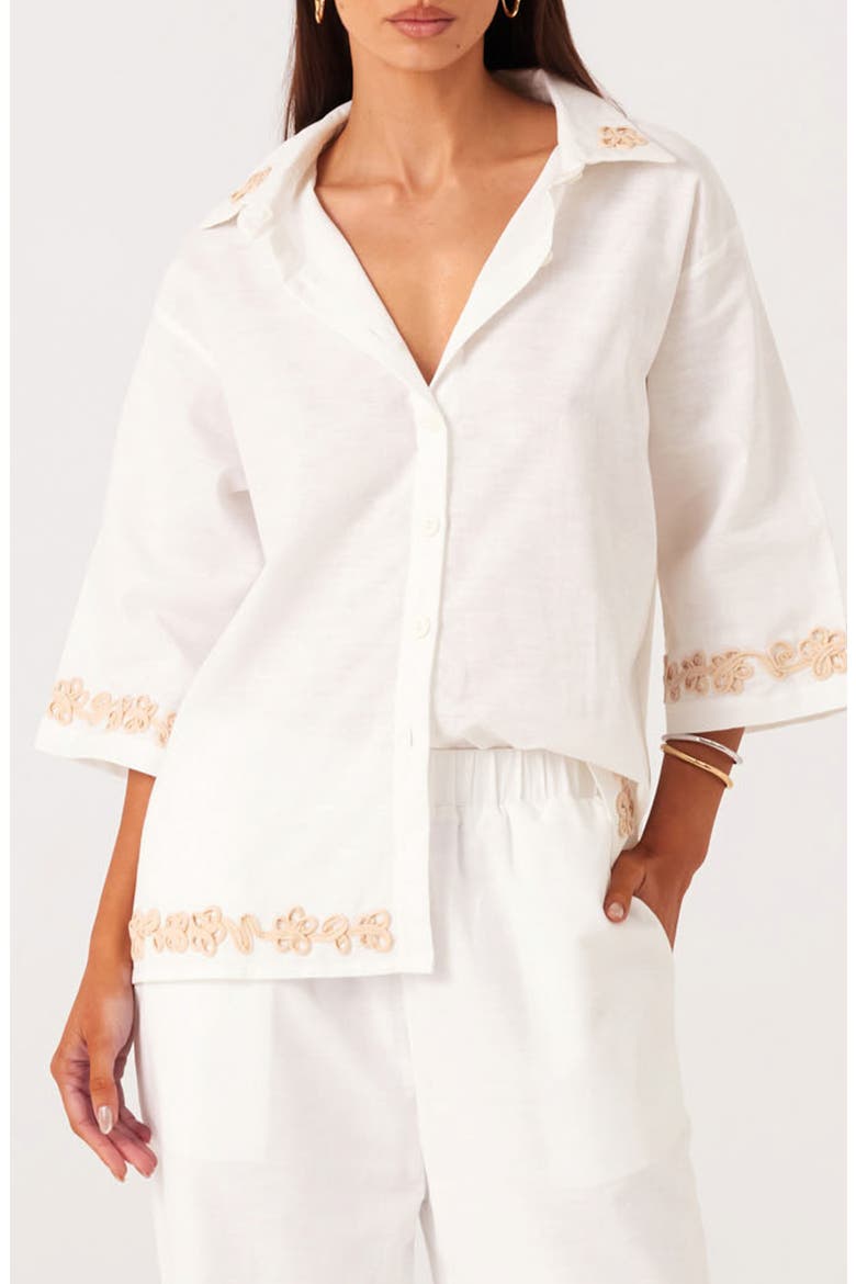 Ines 2.0 Embroidered Trim Linen & Cotton Blend Button-Up Shirt, Main, color, WHITE