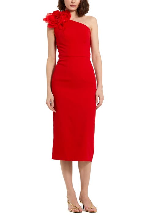 Crepe One Shoulder Midi Dress With Flower