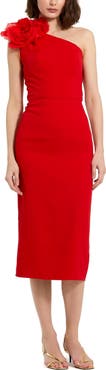 Mac Duggal Crepe One Shoulder Midi Dress With Flower