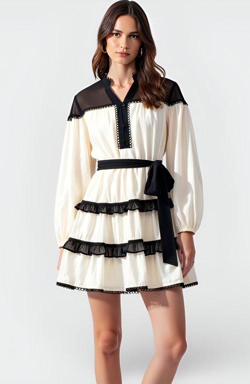 Modenaire Contrast Trim Mini Dress With Waist Tie And Tiered Skirt In Multi