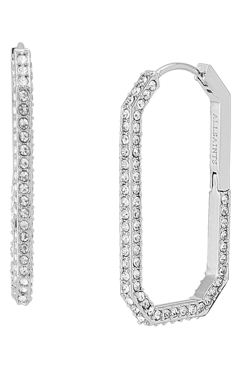 AllSaints Hattie Crystal Geometric Hoop Earrings, Main, color, Rhodium