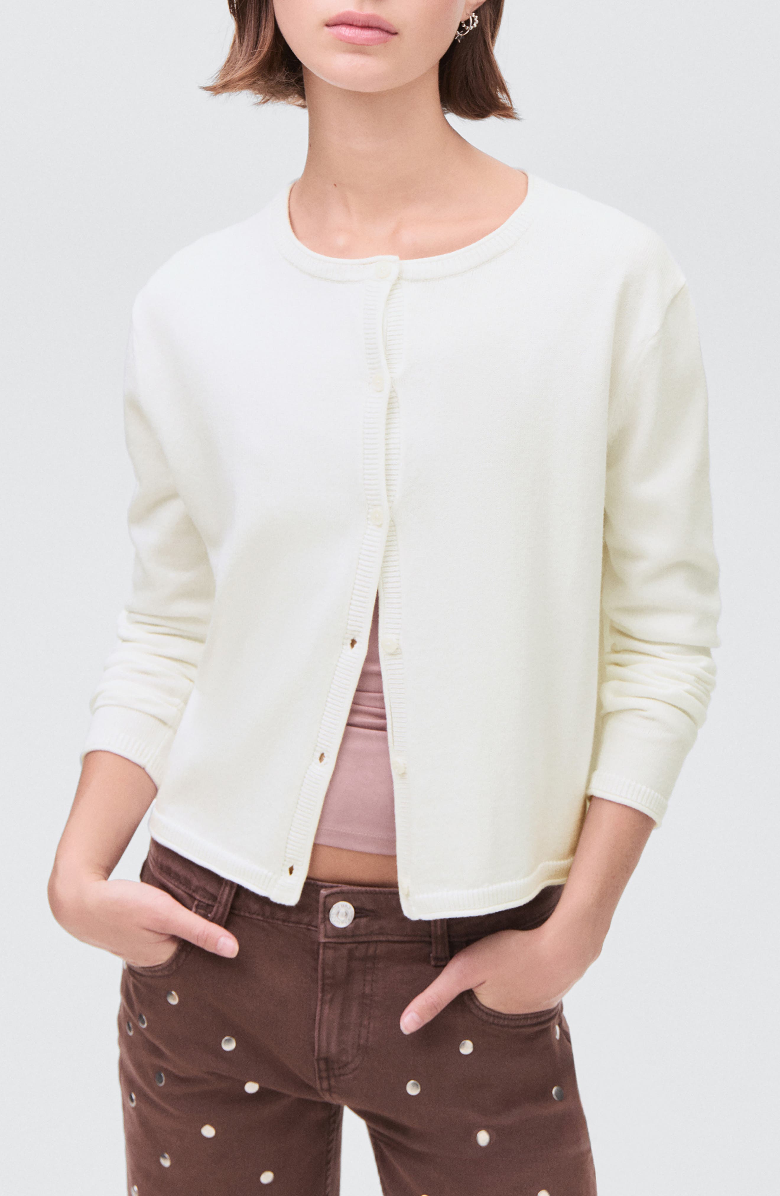 Mango Teen Crewneck Cotton Blend Cardigan In White