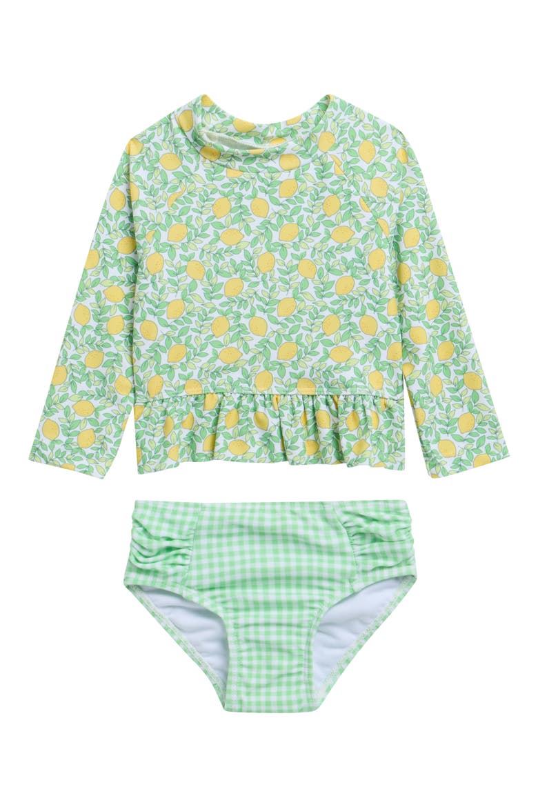 Kids' Lemon Long Sleeve UPF 50+ Two-Piece Rashguard Swimsuit, Main, color, GREEN