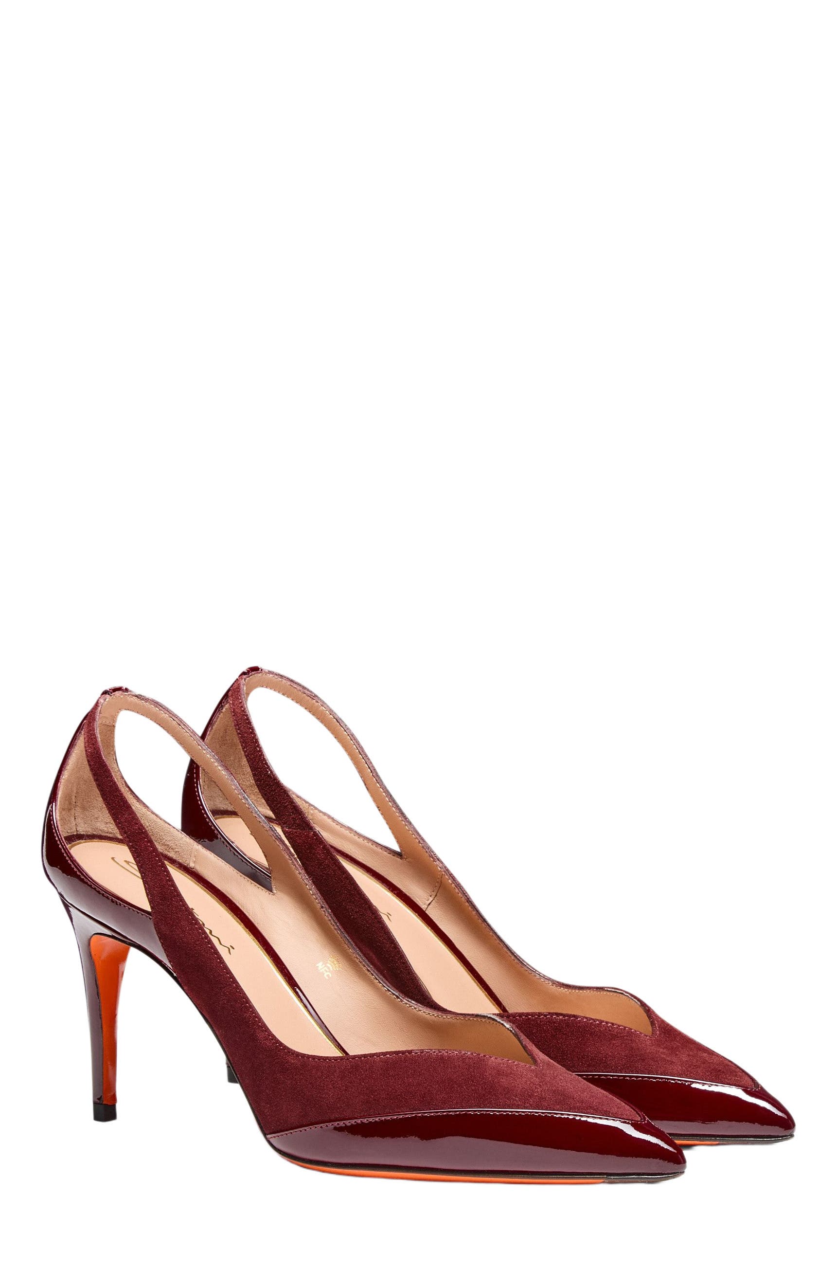 Santoni Women's patent leather and suede high-heel pump, Alternate, color, Burgundy