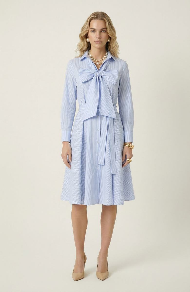 Modenaire Striped Tie Neck Bow Waist Belt Shirt Dress, Main, color, Light Blue / White Stripes