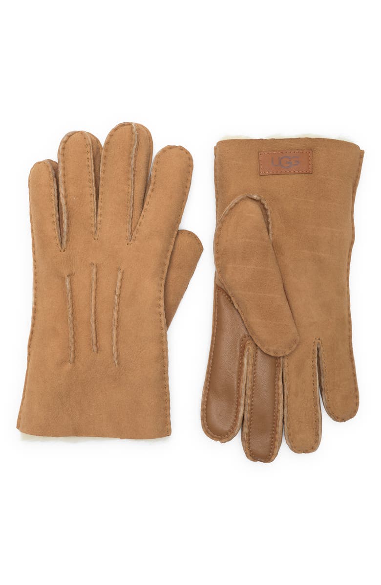 UGG<sup>®</sup> Leather Genuine Shearling Lined Gloves, Main, color, Chestnut
