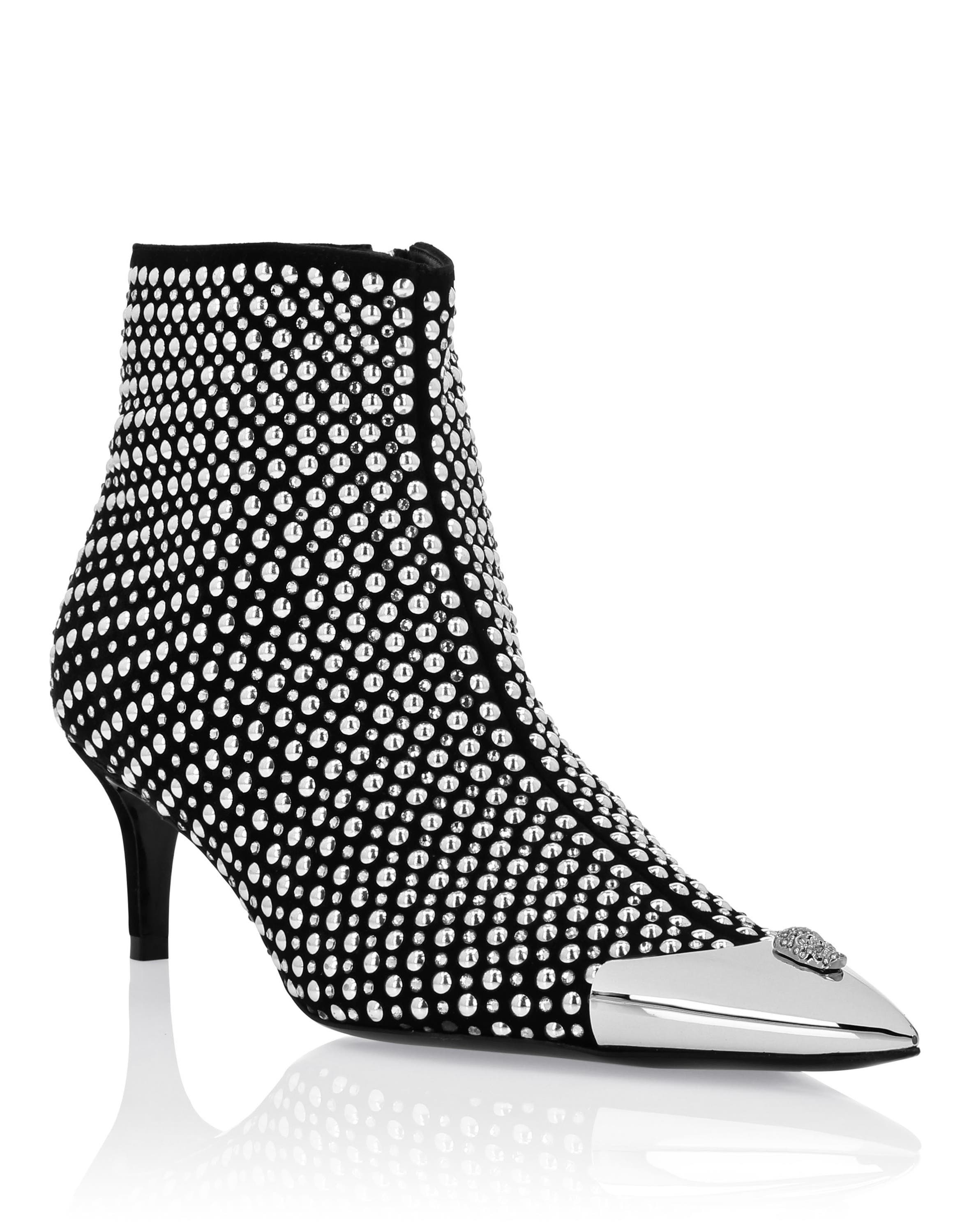 PHILIPP PLEIN Low Heel Ankle Boots Studs And Strass Skull Women, Main, color, Black