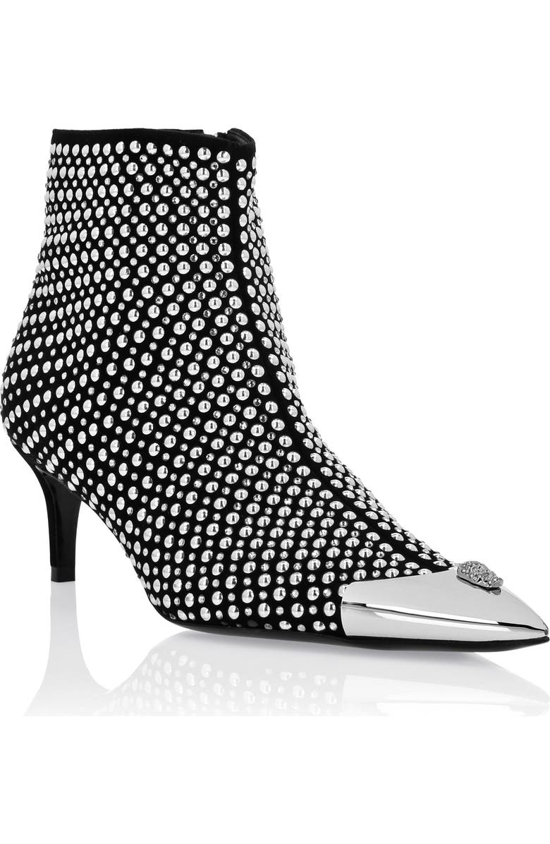 PHILIPP PLEIN Low Heel Ankle Boots Studs And Strass Skull Women, Main, color, Black