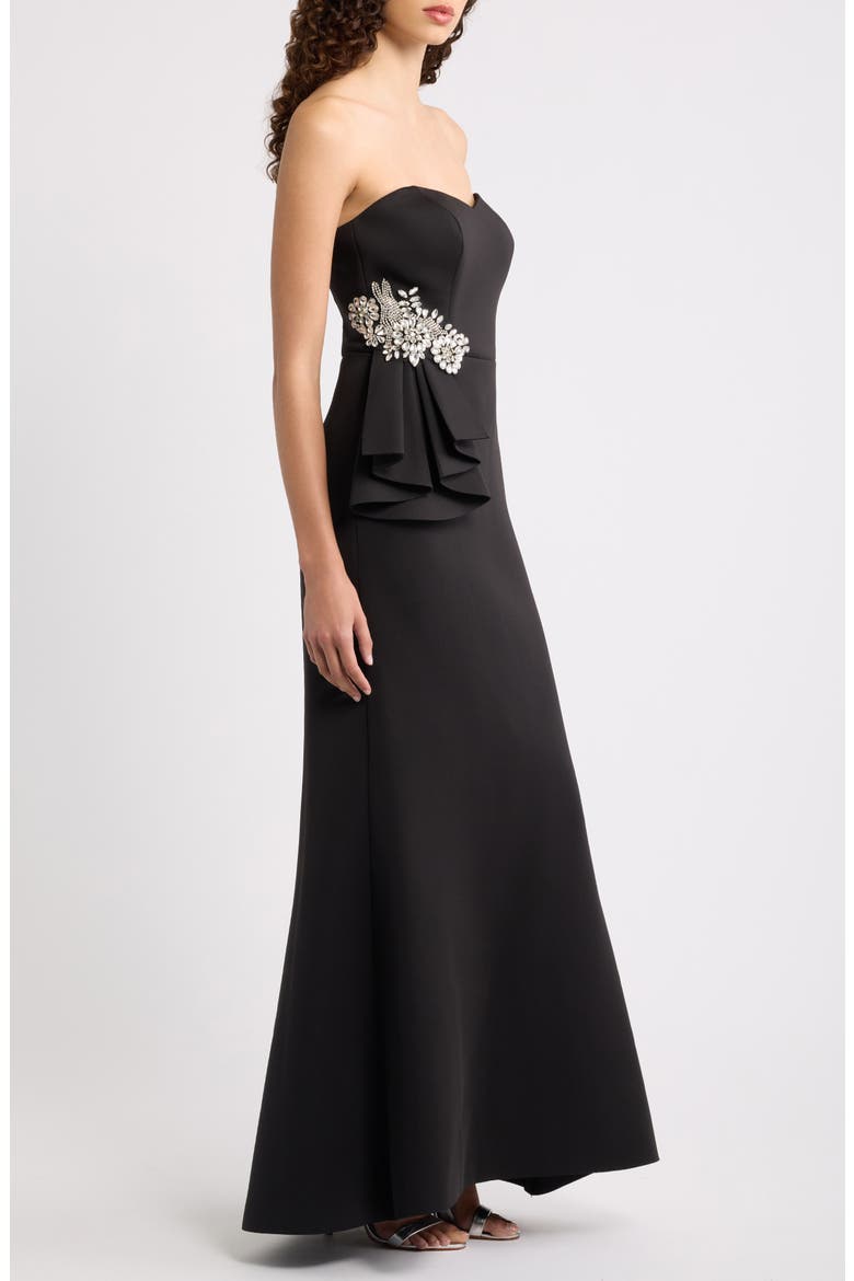 Rhinestone Ruffle Detail Sweetheart Strapless Gown, Alternate, color, BLACK