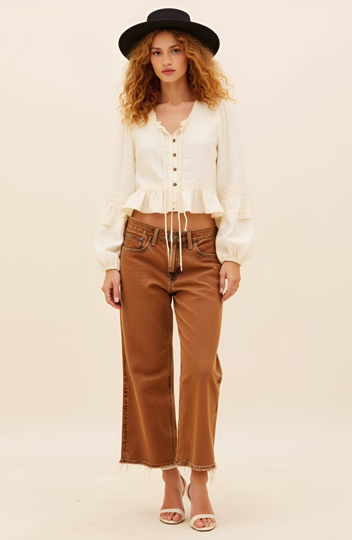 Modenaire Textured Peplum Button-front Sheer Ruffle Sleeve Blouse In White