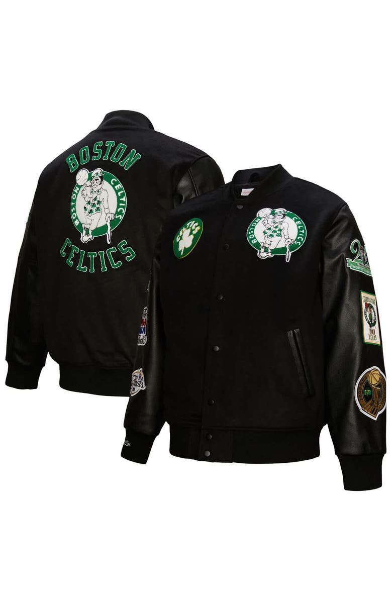 Mitchell & Ness Men's Mitchell & Ness  Black Boston Celtics Hardwood Classics Blackout Collection Full-Snap Varsity Jacket, Main, color, Black