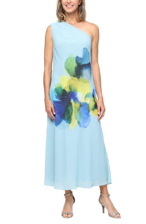 Placed Floral One-Shoulder Chiffon Cocktail Dress