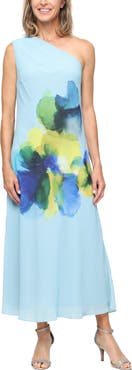 SL FASHIONS Placed Floral One-Shoulder Chiffon Cocktail Dress