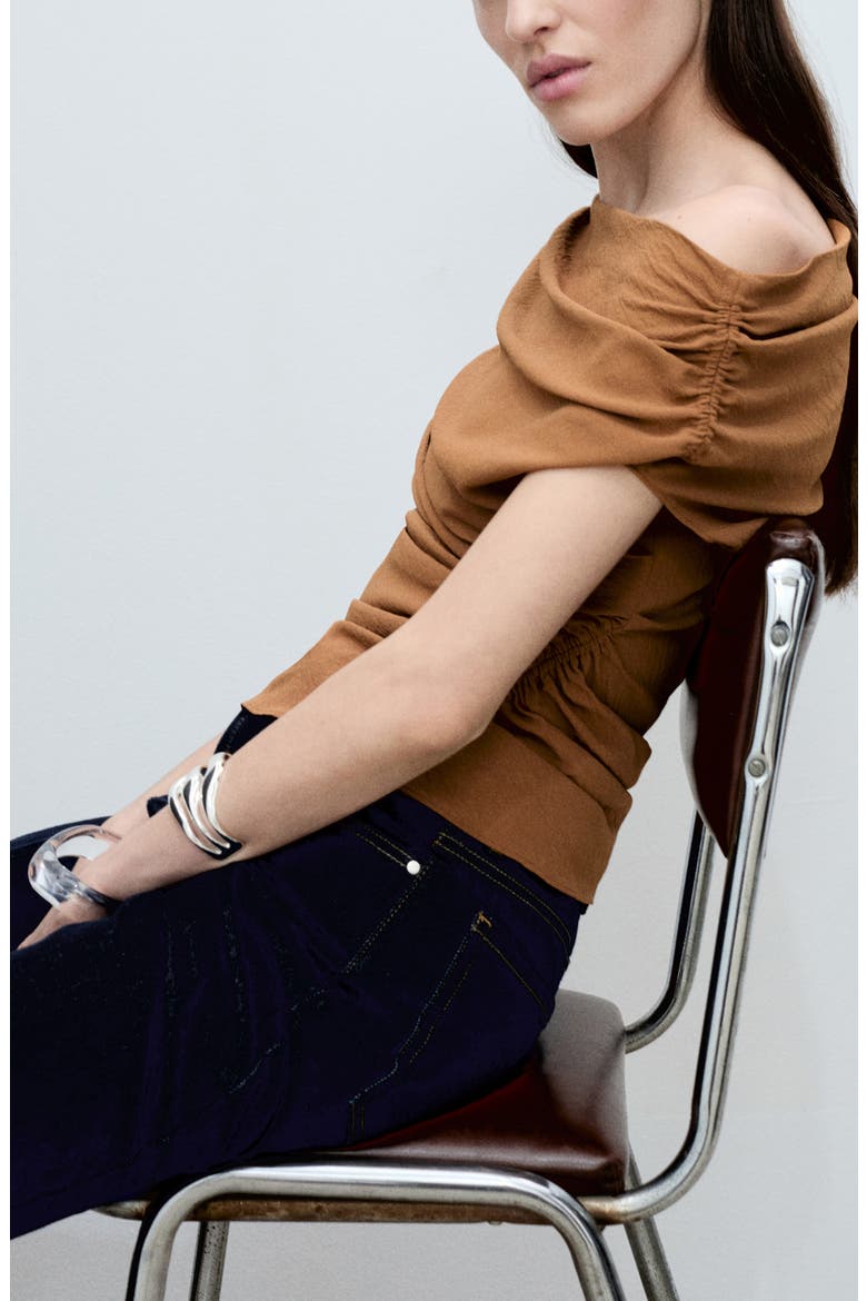 Asymmetric Off the Shoulder Ruched Top, Alternate, color, DARK BROWN