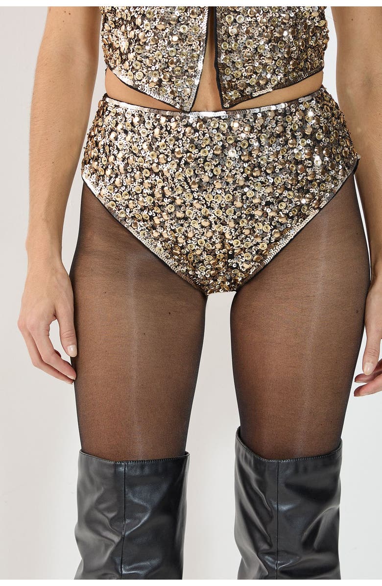 NASTY GAL Cluster Hand Embellished Booty Shorts, Main, color, Gold