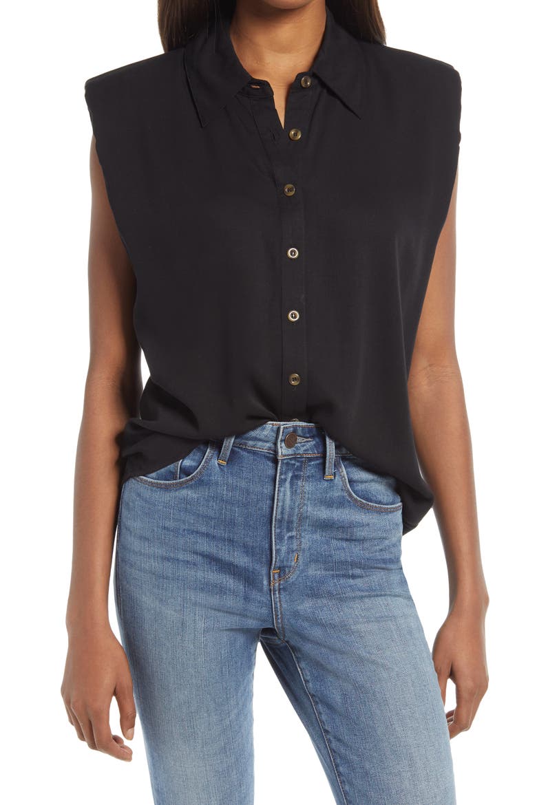 Shoulder Pad Sleeveless Button-Up Top, Main, color, BLACK