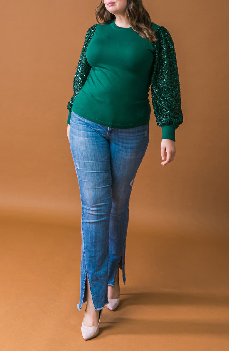 FLYING TOMATO Sequin Balloon Sleeve Sweater, Alternate, color, Green