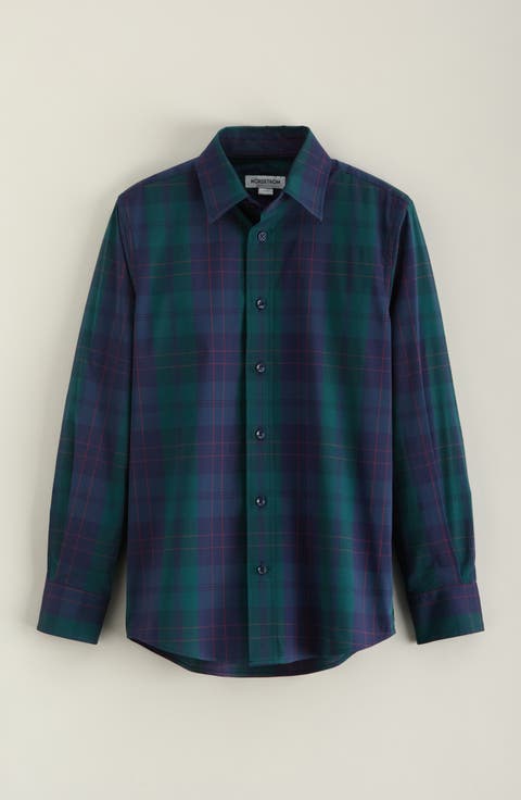 Kids' Plaid Stretch Cotton Blend Button-Down Shirt