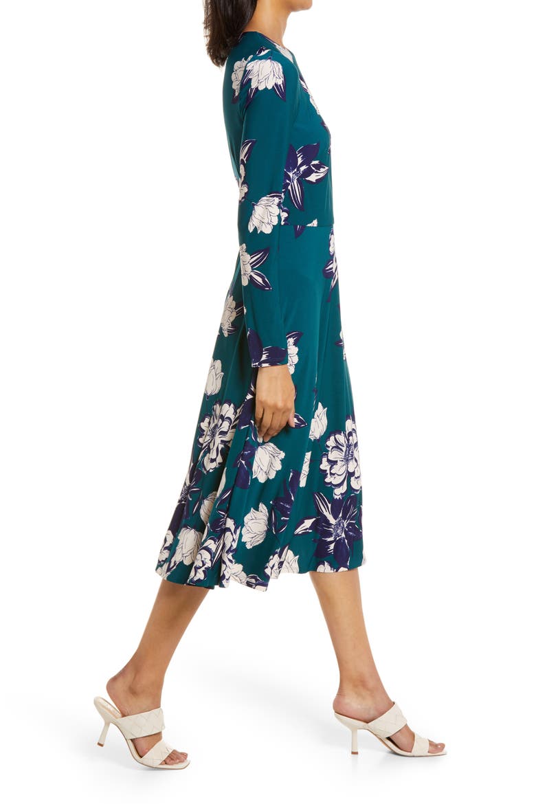 Floral Print Long Sleeve Midi Dress, Alternate, color, HUNTER