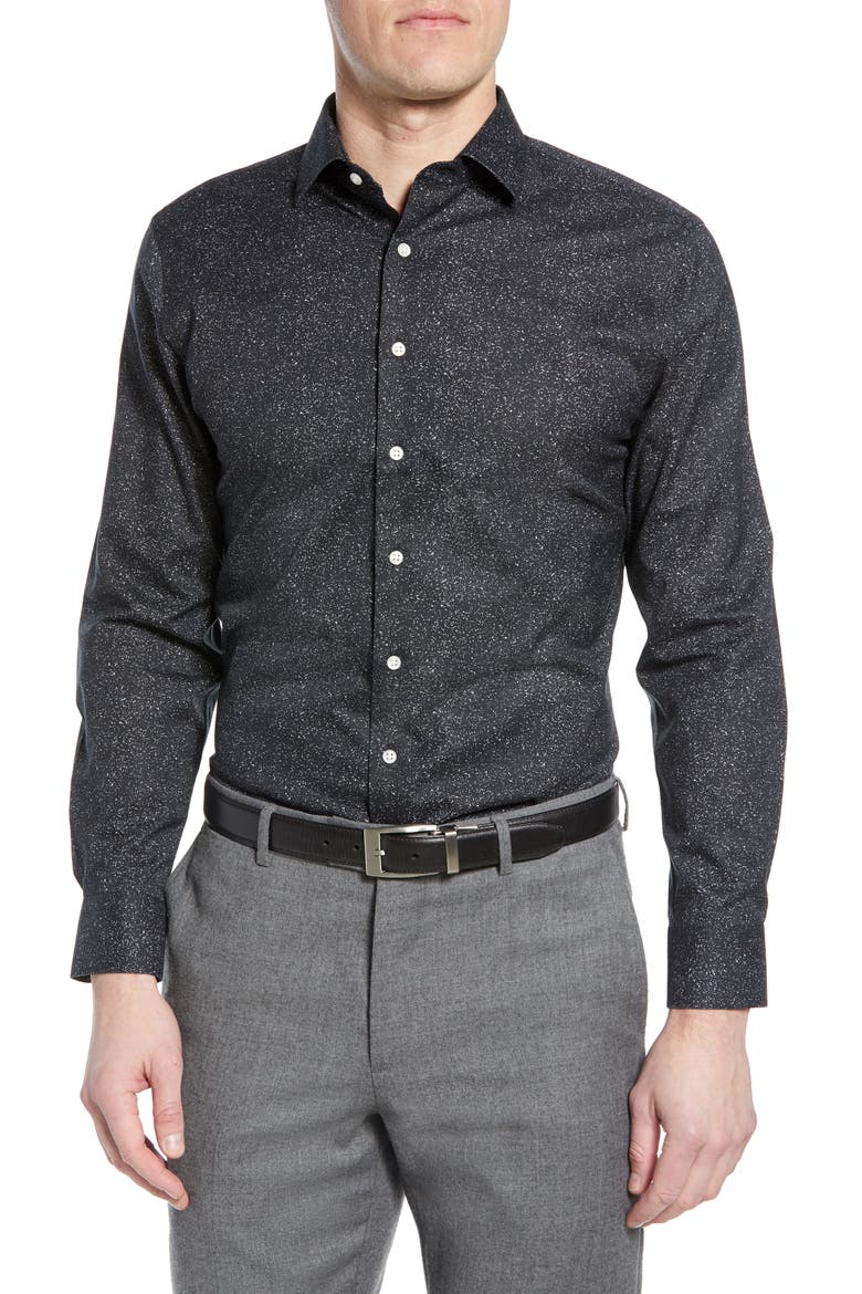 Trim Fit Non-Iron Dress Shirt, Main, color, BLACK GREY GLITCH STATIC