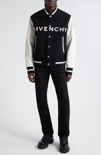 Embroidered Logo Mixed Media Leather & Wool Blend Varsity Jacket