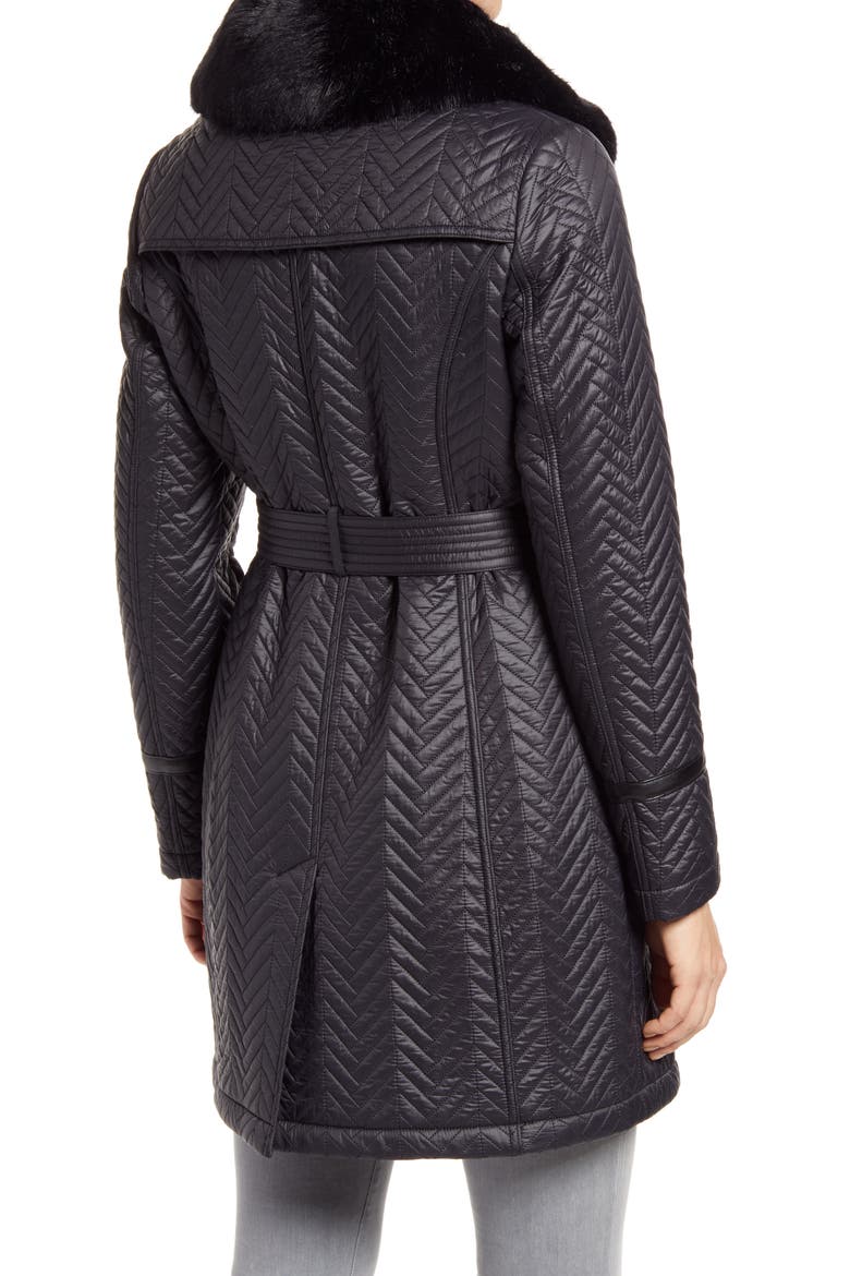 Water Resistant Double Breasted Faux Fux Collar Quilted Coat, Alternate, color, BLACK