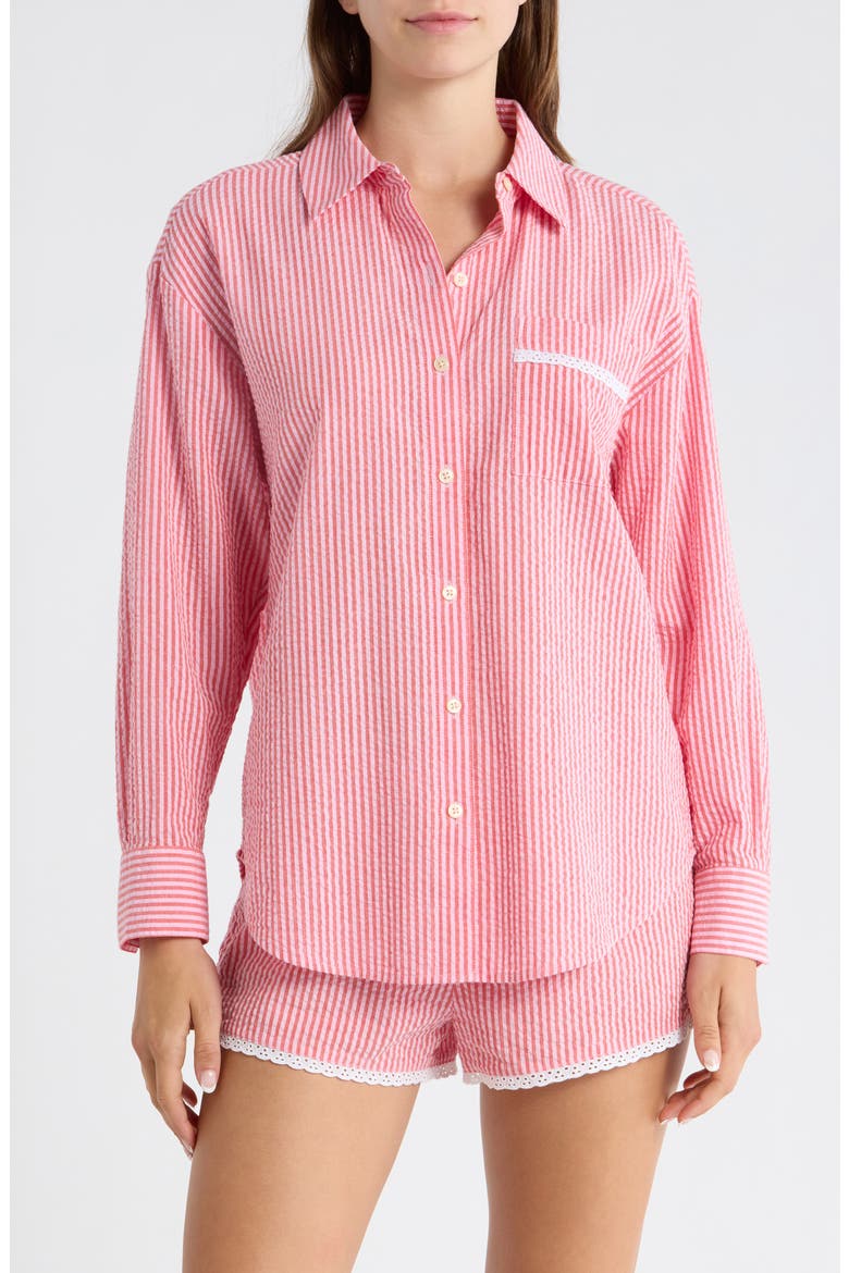 Eyelet Trim Seersucker Cotton Pajama Top, Main, color, CORAL- PINK HICKORY STRIPE