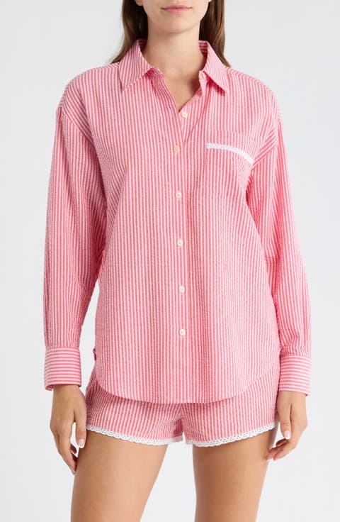 Eyelet Trim Seersucker Cotton Pajama Top