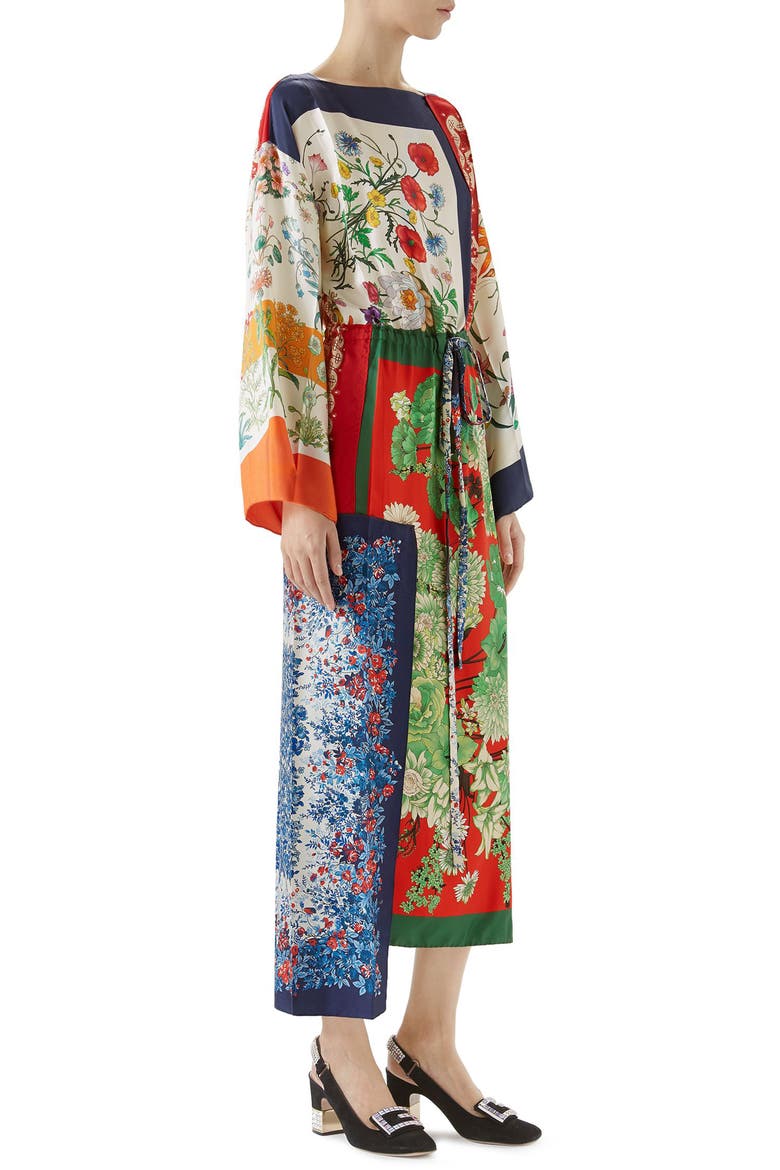 Patchwork Print Asymmetrical Silk Dress, Alternate, color, MULTI
