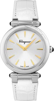 FERRAGAMO Two-Hand Quartz Croc Embossed Leather Strap Watch, 36mm