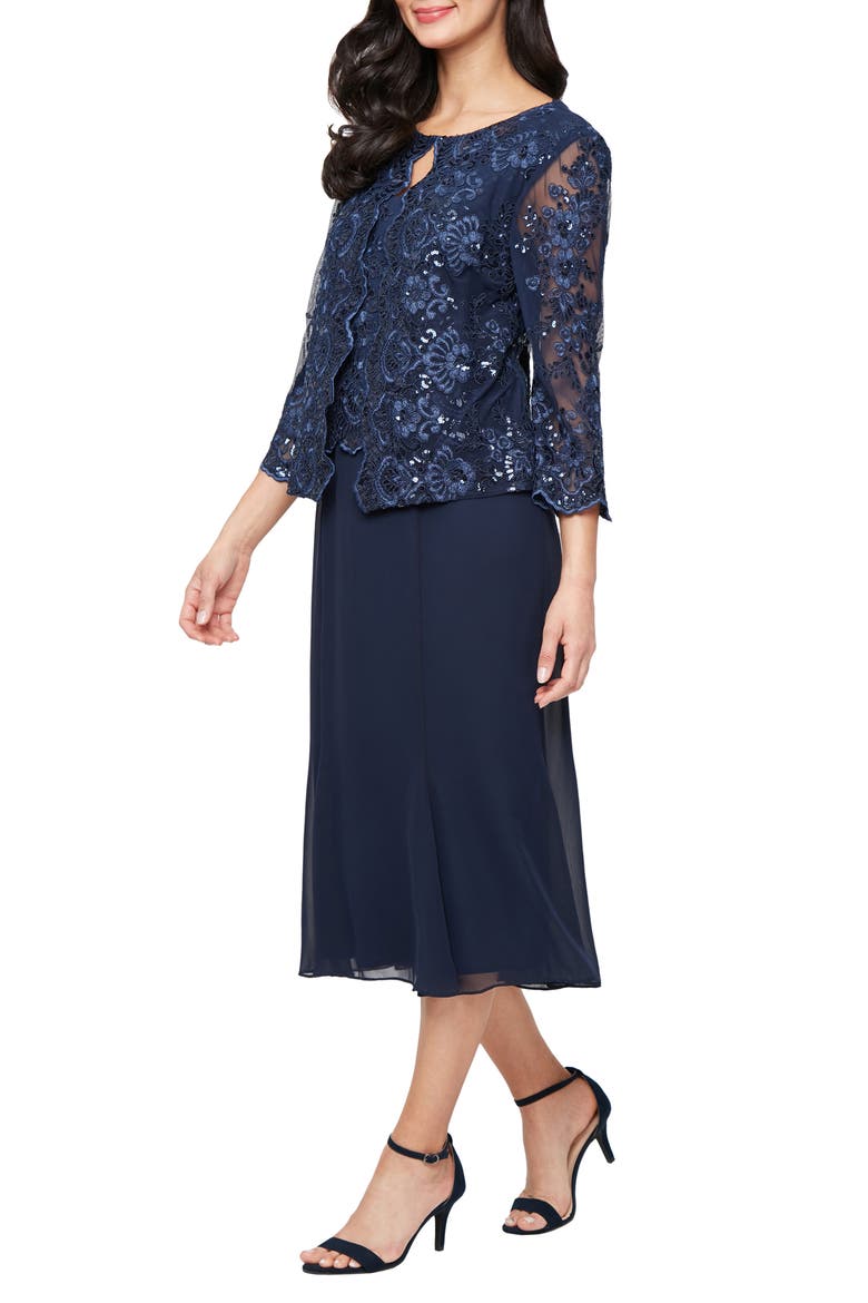 Embroidered Sequin Tulle Mock Jacket Cocktail Midi Dress, Main, color, NAVY