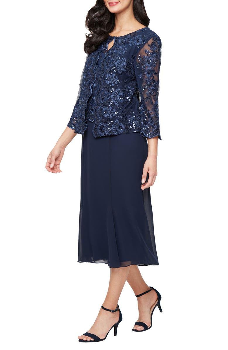 Alex Evenings Embroidered Sequin Tulle Mock Jacket Cocktail Midi Dress, Main, color, Navy