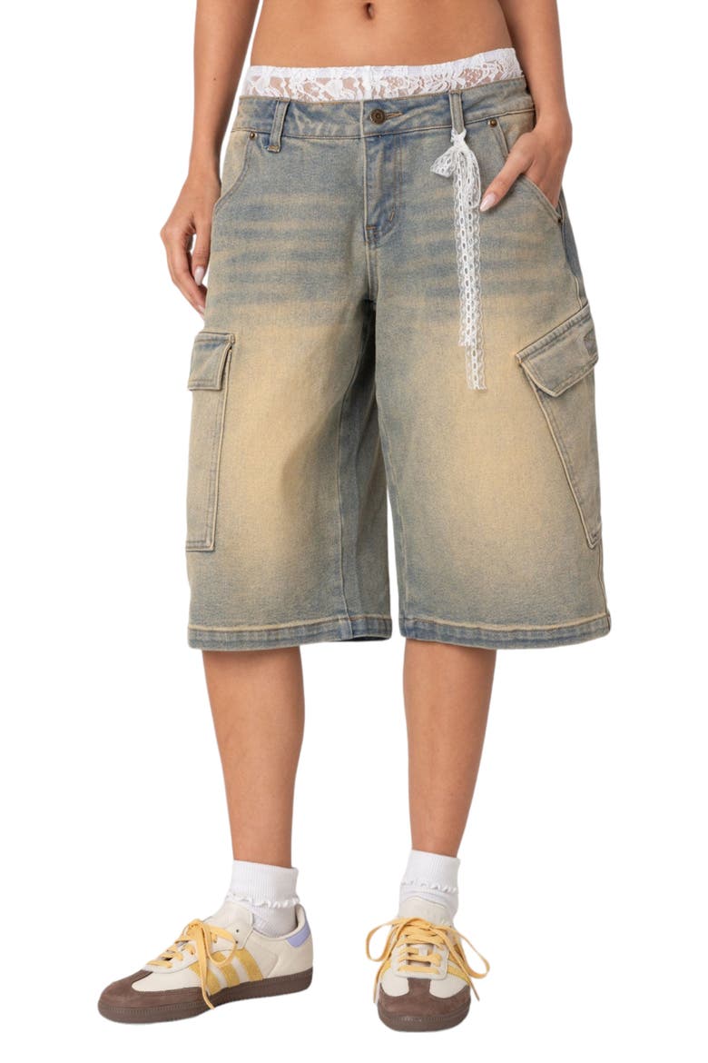Lace Boxer Waist Nonstretch Denim Bermuda Shorts, Main, color, BLUE-VINTAGE-WASHED