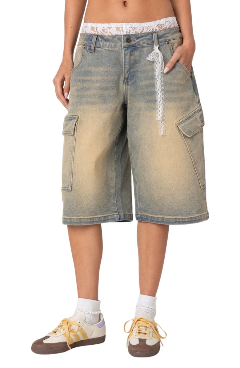 EDIKTED Lace Boxer Waist Nonstretch Denim Bermuda Shorts, Main, color, Blue-Vintage-Washed