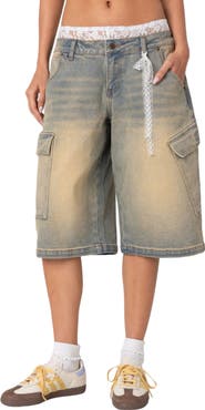EDIKTED Lace Boxer Waist Nonstretch Denim Bermuda Shorts