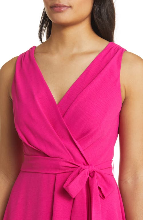Connected Apparel Tie Belt Faux Wrap High-low Dress In Bright Fuchsia