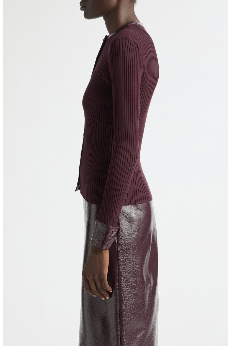 Vinyl Trim Ribbed Cardigan, Alternate, color, BURGUNDY