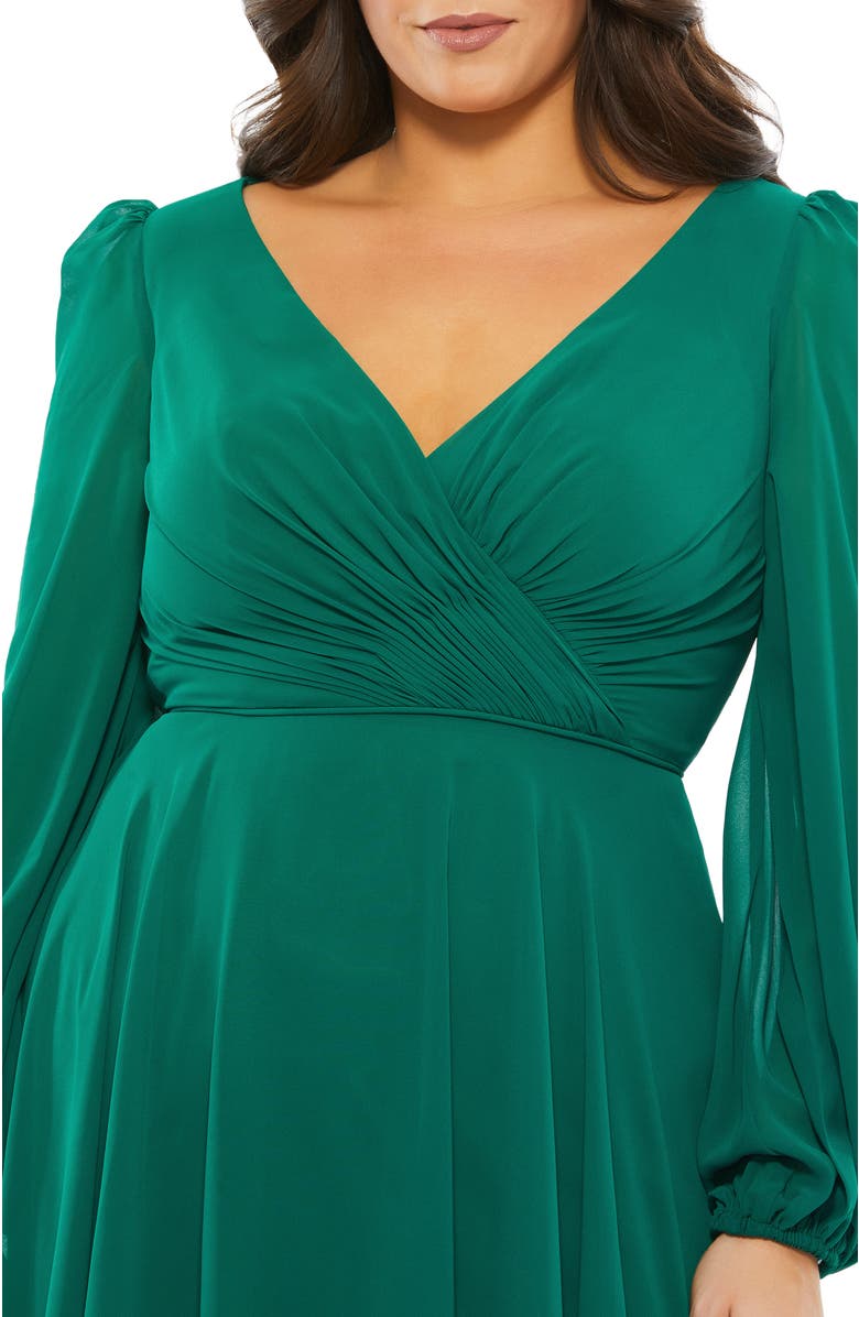 Mac Duggal Chiffon Long Bishop Sleeve Surplice Dress, Alternate, color, Emerald