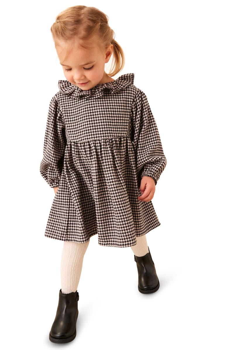 NEXT Kids' Puppytooth Ruffle Collar Long Sleeve Cotton Dress, Alternate, color,